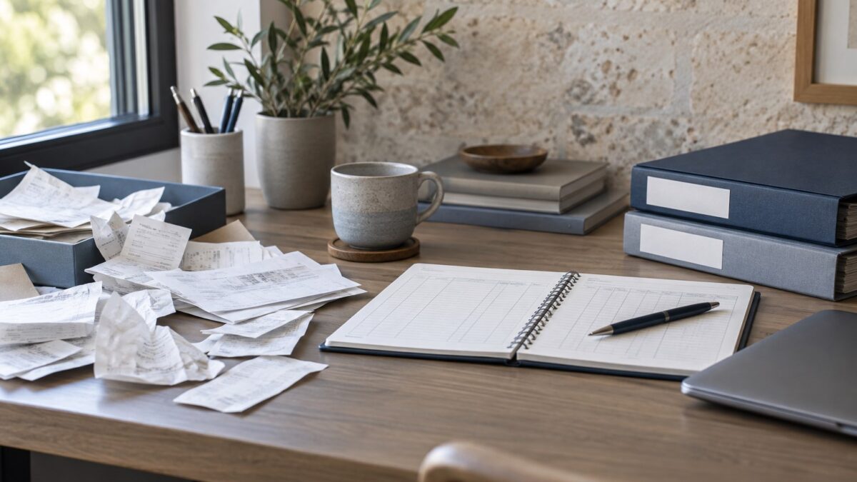 Messy receipts beside an organized bookkeeping ledger and filing boxes