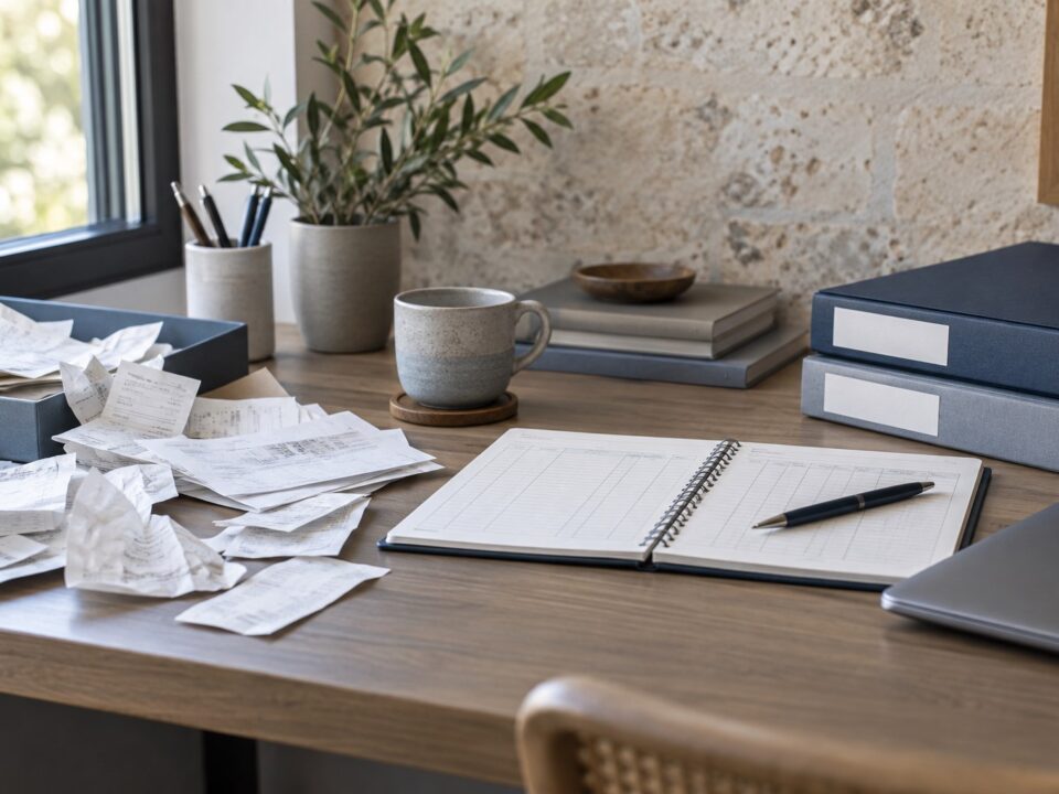 Messy receipts beside an organized bookkeeping ledger and filing boxes
